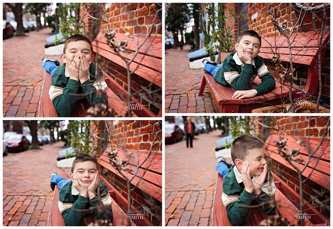 7 year old boy poses in Old Town Alexandria