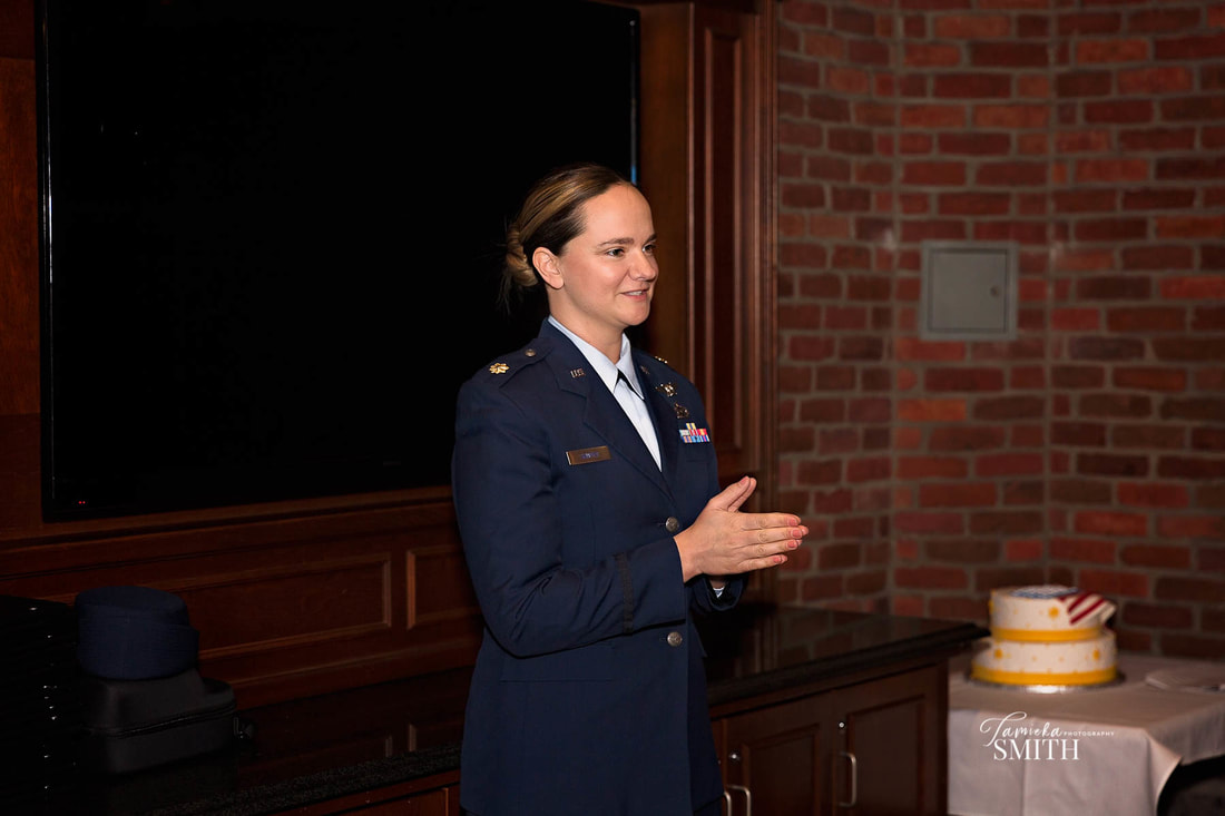 Major Sawyer thanks guests for attending her promotion ceremony at Eggspectation in Chantilly Virginia