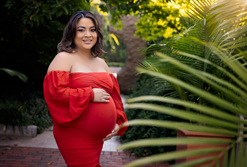 A maternity portrait session with an expectant mother, captured in front of the iconic Smithsonian Castle in Washington DC. The mother is wearing a stunning red dress that accentuates her baby bump. The image is framed to showcase her beautiful belly and the grandeur of the castle in the background. This family portrait near me captures the excitement and anticipation of welcoming a new member to the family in a historic and picturesque setting.